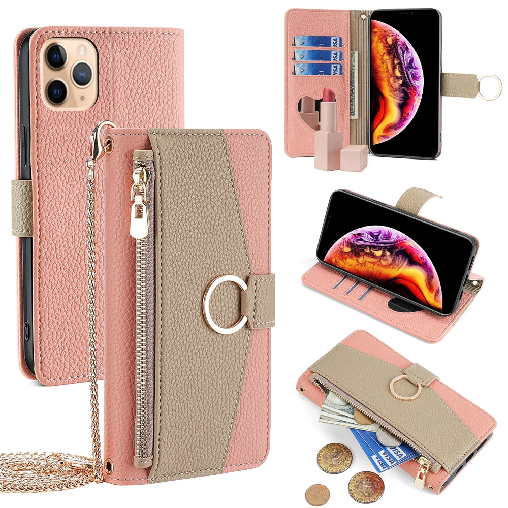 iPhone 11 Pro Max Crossbody Phone Case with Litchi Texture Leather, Adjustable Kickstand, Card Slots, Zipper Purse, Makeup Mirror, and TPU Protection