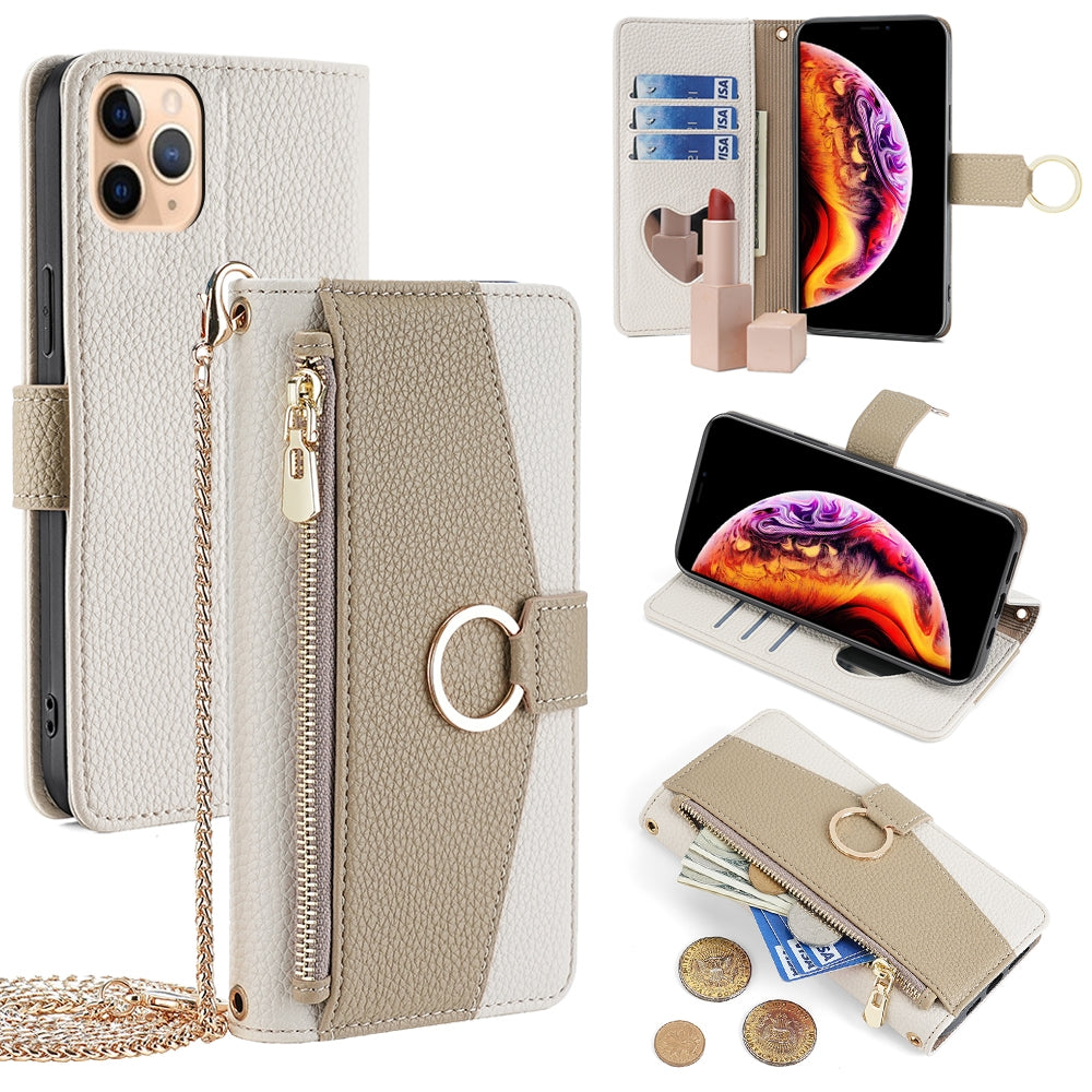 iPhone 11 Pro Max Crossbody Phone Case with Litchi Texture Leather, Adjustable Kickstand, Card Slots, Zipper Purse, Makeup Mirror, and TPU Protection
