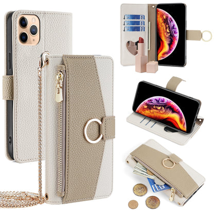 iPhone 11 Pro Max Crossbody Phone Case with Litchi Texture Leather, Adjustable Kickstand, Card Slots, Zipper Purse, Makeup Mirror, and TPU Protection