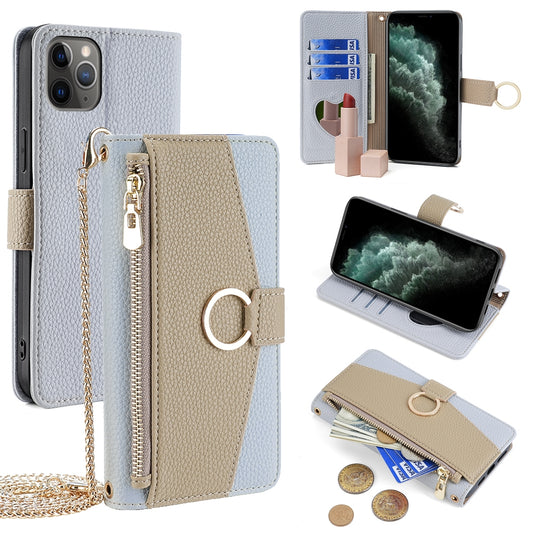 iPhone 11 Pro Crossbody Phone Case with Litchi Texture Leather, Adjustable Kickstand, Card Slots, Zipper Purse, Makeup Mirror, and TPU Protection