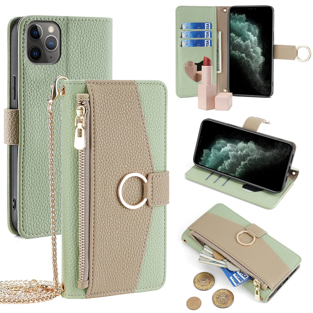 iPhone 11 Pro Crossbody Phone Case with Litchi Texture Leather, Adjustable Kickstand, Card Slots, Zipper Purse, Makeup Mirror, and TPU Protection