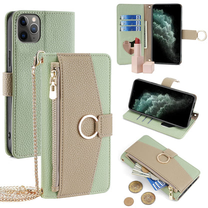 iPhone 11 Pro Crossbody Phone Case with Litchi Texture Leather, Adjustable Kickstand, Card Slots, Zipper Purse, Makeup Mirror, and TPU Protection
