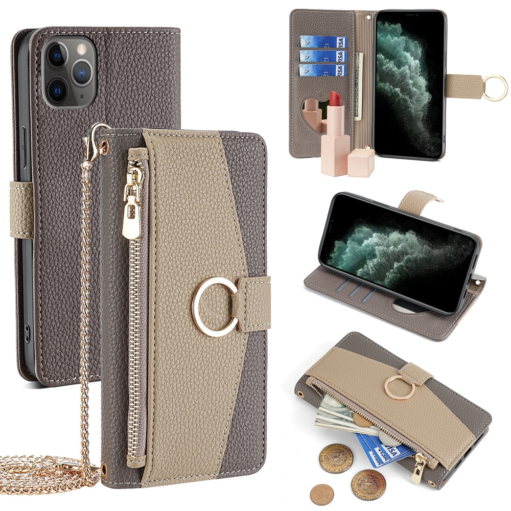 iPhone 11 Pro Crossbody Phone Case with Litchi Texture Leather, Adjustable Kickstand, Card Slots, Zipper Purse, Makeup Mirror, and TPU Protection