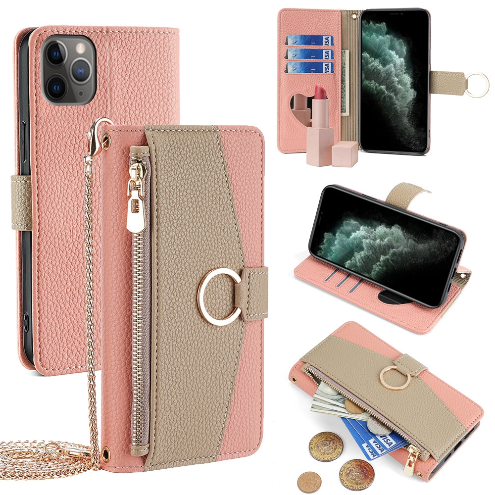 iPhone 11 Pro Crossbody Phone Case with Litchi Texture Leather, Adjustable Kickstand, Card Slots, Zipper Purse, Makeup Mirror, and TPU Protection