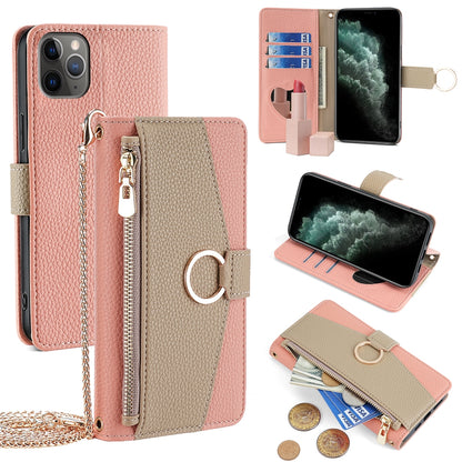 iPhone 11 Pro Crossbody Phone Case with Litchi Texture Leather, Adjustable Kickstand, Card Slots, Zipper Purse, Makeup Mirror, and TPU Protection