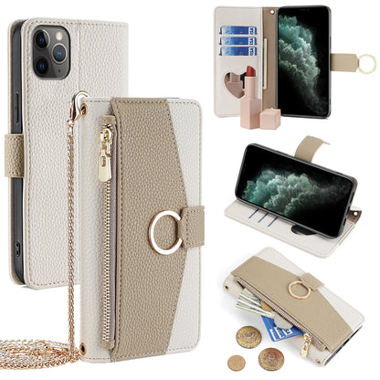 iPhone 11 Pro Crossbody Phone Case with Litchi Texture Leather, Adjustable Kickstand, Card Slots, Zipper Purse, Makeup Mirror, and TPU Protection