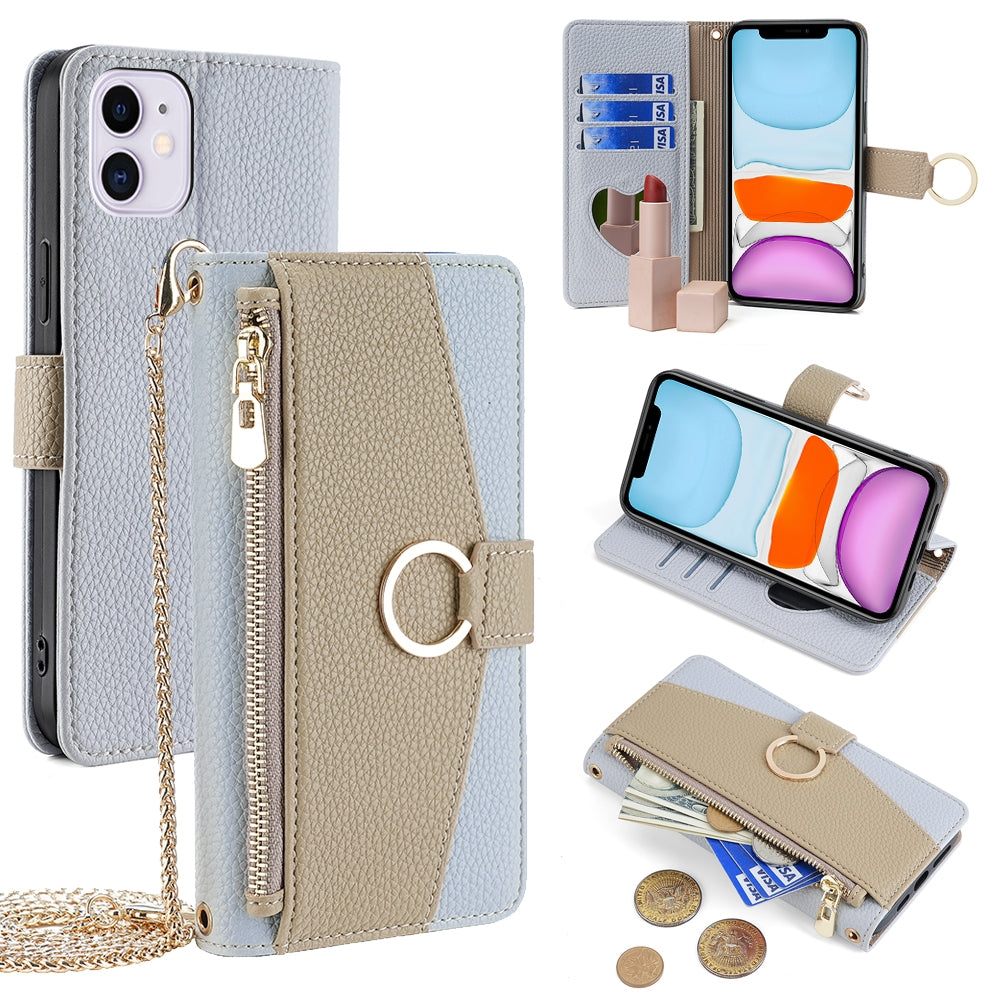 iPhone 11 Crossbody Phone Case with Litchi Texture Leather, Adjustable Kickstand, Card Slots, Zipper Purse, Makeup Mirror, and TPU Protection