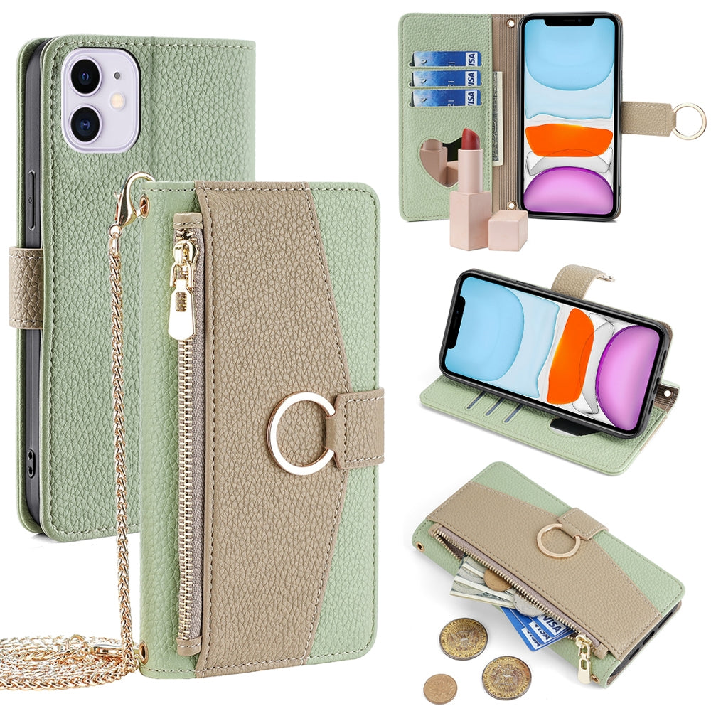 iPhone 11 Crossbody Phone Case with Litchi Texture Leather, Adjustable Kickstand, Card Slots, Zipper Purse, Makeup Mirror, and TPU Protection