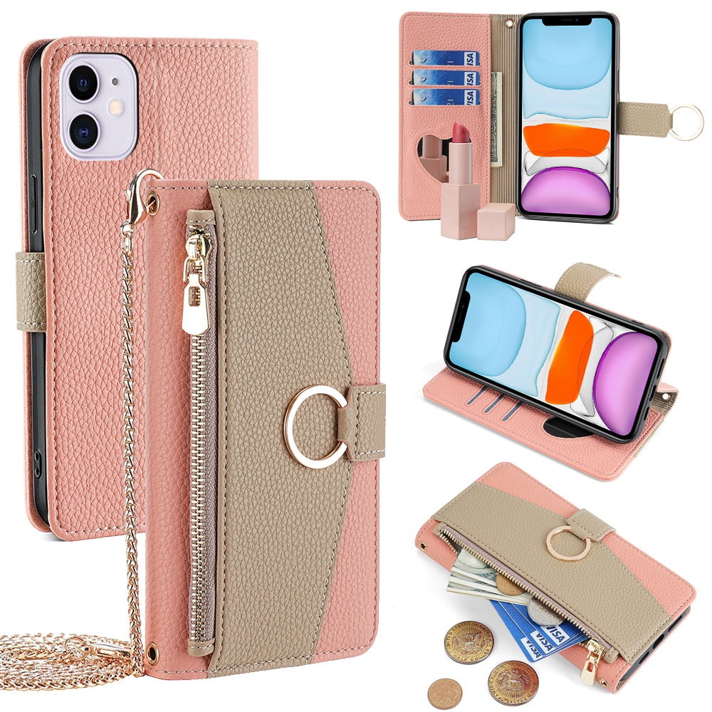 iPhone 11 Crossbody Phone Case with Litchi Texture Leather, Adjustable Kickstand, Card Slots, Zipper Purse, Makeup Mirror, and TPU Protection