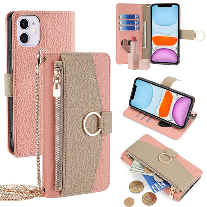 iPhone 11 Crossbody Phone Case with Litchi Texture Leather, Adjustable Kickstand, Card Slots, Zipper Purse, Makeup Mirror, and TPU Protection