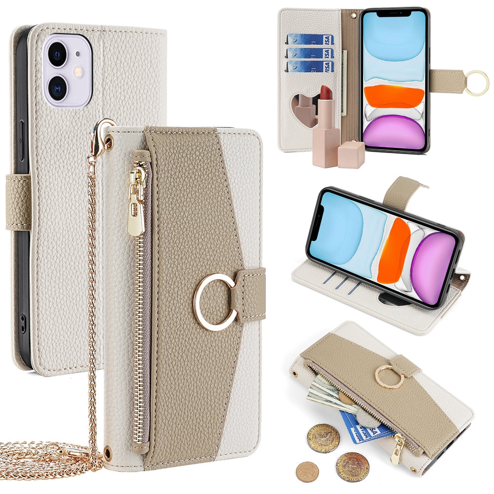 iPhone 11 Crossbody Phone Case with Litchi Texture Leather, Adjustable Kickstand, Card Slots, Zipper Purse, Makeup Mirror, and TPU Protection