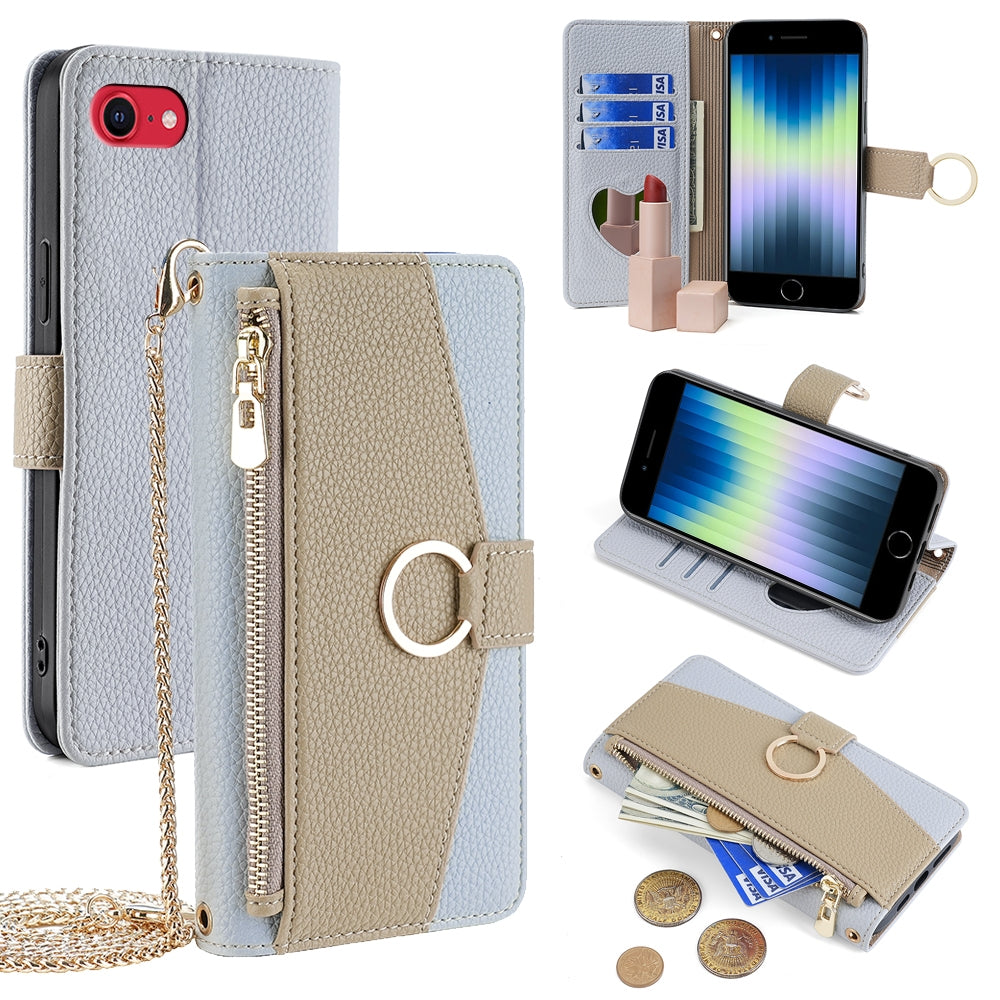 iPhone SE 2020 Crossbody Phone Case with Litchi Texture Leather, Adjustable Kickstand, Card Slots, Zipper Purse, Makeup Mirror, and TPU Protection