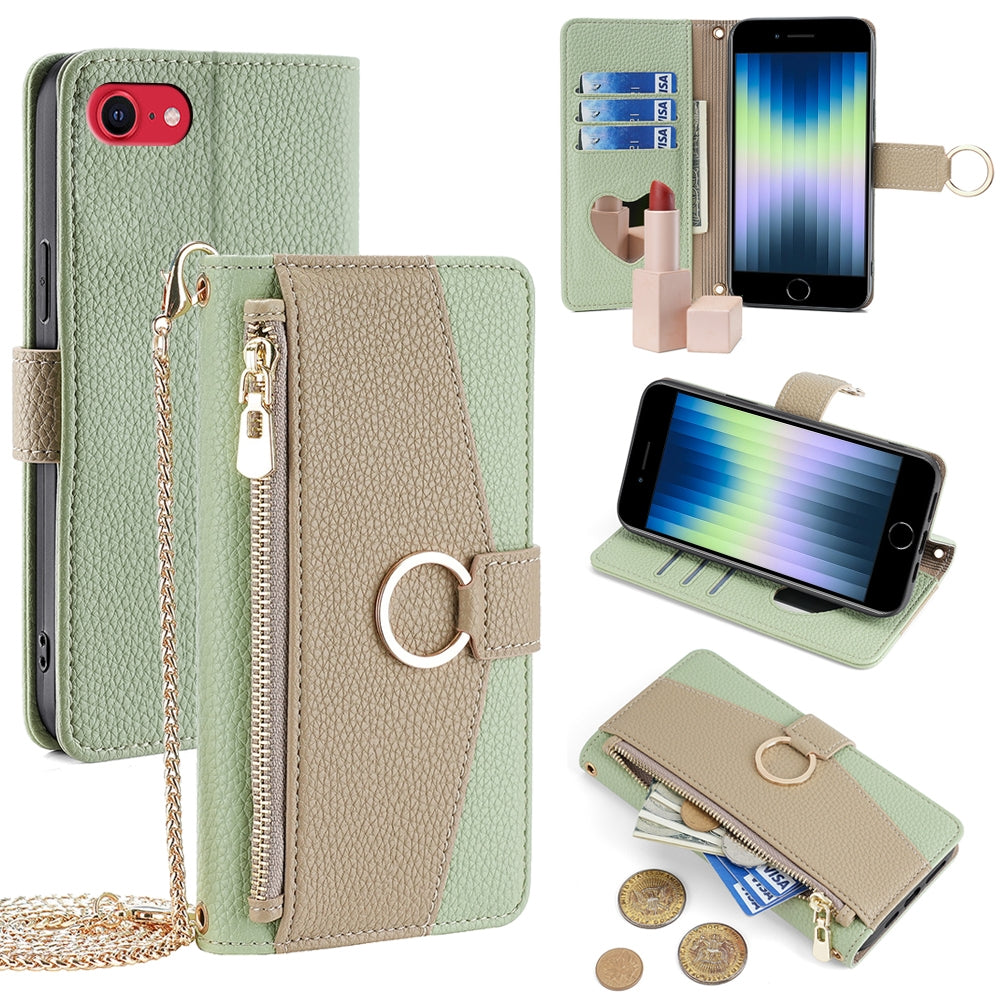 iPhone 7/8 Crossbody Phone Case with Litchi Texture Leather, Adjustable Kickstand, Card Slots, Zipper Purse, Makeup Mirror, and TPU Protection