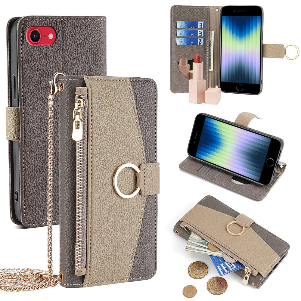 iPhone SE 2020 Crossbody Phone Case with Litchi Texture Leather, Adjustable Kickstand, Card Slots, Zipper Purse, Makeup Mirror, and TPU Protection