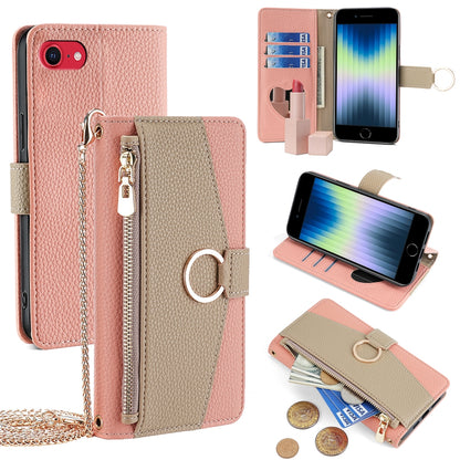 iPhone 7/8 Crossbody Phone Case with Litchi Texture Leather, Adjustable Kickstand, Card Slots, Zipper Purse, Makeup Mirror, and TPU Protection