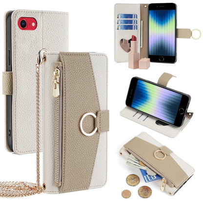iPhone 7/8 Crossbody Phone Case with Litchi Texture Leather, Adjustable Kickstand, Card Slots, Zipper Purse, Makeup Mirror, and TPU Protection