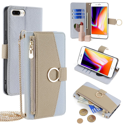 iPhone 7 Plus/8 Plus Crossbody Phone Case with Litchi Texture Leather, Adjustable Kickstand, Card Slots, Zipper Purse, Makeup Mirror, and TPU Protection
