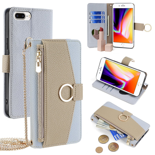 iPhone 7 Plus/8 Plus Crossbody Phone Case with Litchi Texture Leather, Adjustable Kickstand, Card Slots, Zipper Purse, Makeup Mirror, and TPU Protection