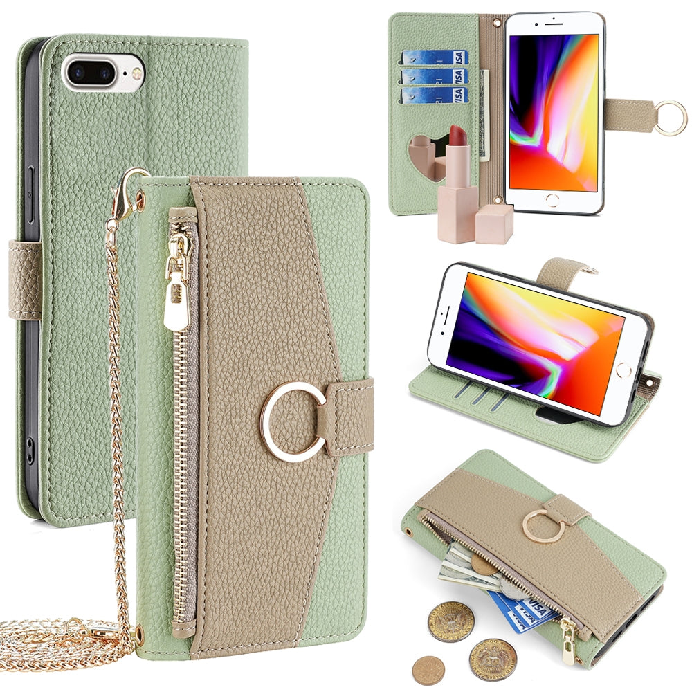 iPhone 7 Plus/8 Plus Crossbody Phone Case with Litchi Texture Leather, Adjustable Kickstand, Card Slots, Zipper Purse, Makeup Mirror, and TPU Protection