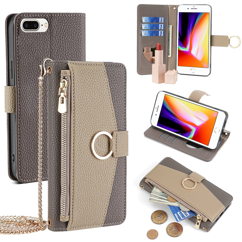 iPhone 7 Plus/8 Plus Crossbody Phone Case with Litchi Texture Leather, Adjustable Kickstand, Card Slots, Zipper Purse, Makeup Mirror, and TPU Protection