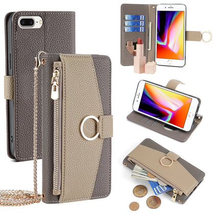 iPhone 7 Plus/8 Plus Crossbody Phone Case with Litchi Texture Leather, Adjustable Kickstand, Card Slots, Zipper Purse, Makeup Mirror, and TPU Protection