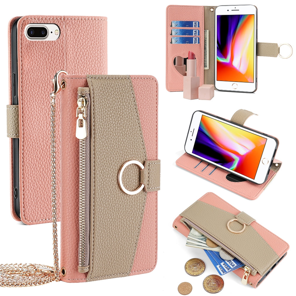 iPhone 7 Plus/8 Plus Crossbody Phone Case with Litchi Texture Leather, Adjustable Kickstand, Card Slots, Zipper Purse, Makeup Mirror, and TPU Protection