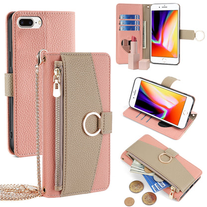 iPhone 7 Plus/8 Plus Crossbody Phone Case with Litchi Texture Leather, Adjustable Kickstand, Card Slots, Zipper Purse, Makeup Mirror, and TPU Protection