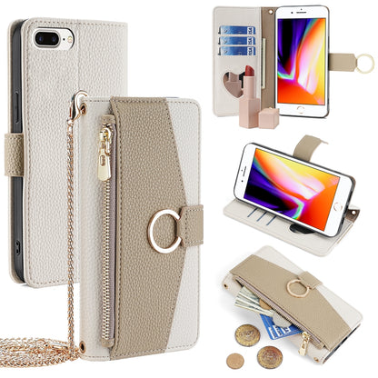 iPhone 7 Plus/8 Plus Crossbody Phone Case with Litchi Texture Leather, Adjustable Kickstand, Card Slots, Zipper Purse, Makeup Mirror, and TPU Protection