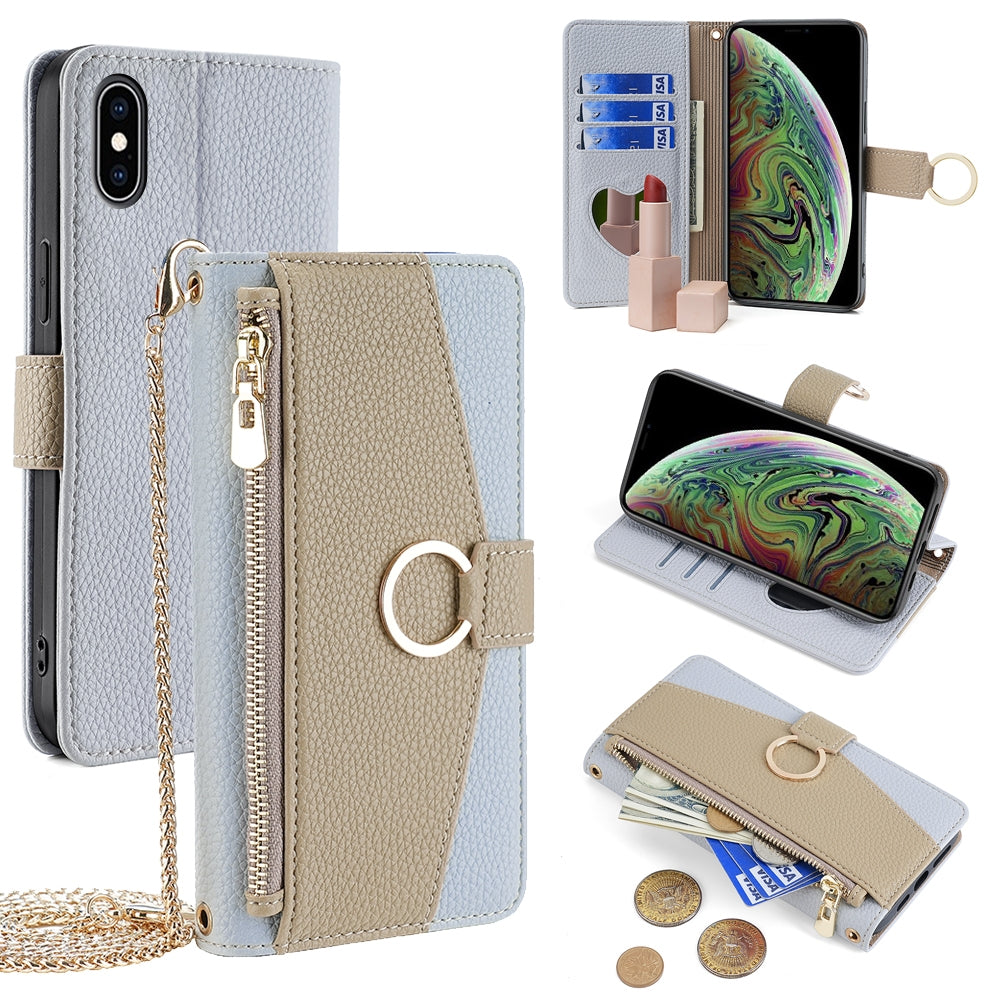 iPhone XS Max Crossbody Phone Case with Litchi Texture Leather, Adjustable Kickstand, Card Slots, Zipper Purse, Makeup Mirror, and TPU Protection
