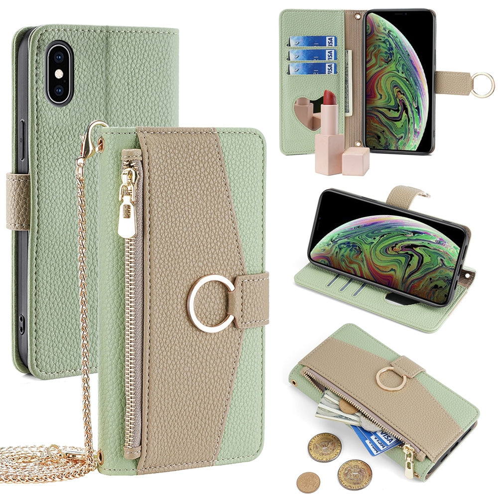 iPhone XS Max Crossbody Phone Case with Litchi Texture Leather, Adjustable Kickstand, Card Slots, Zipper Purse, Makeup Mirror, and TPU Protection