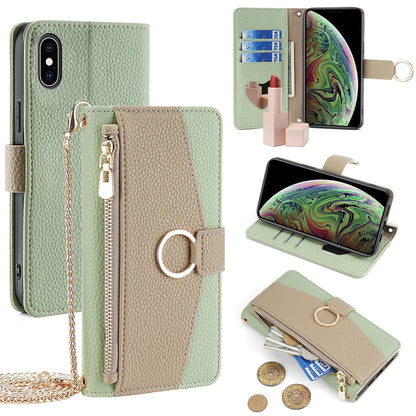 iPhone XS Max Crossbody Phone Case with Litchi Texture Leather, Adjustable Kickstand, Card Slots, Zipper Purse, Makeup Mirror, and TPU Protection