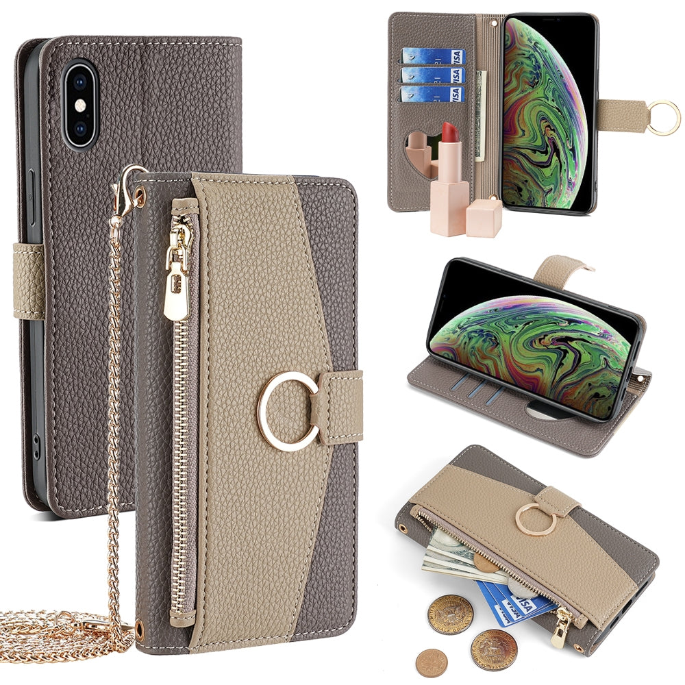 iPhone XS Max Crossbody Phone Case with Litchi Texture Leather, Adjustable Kickstand, Card Slots, Zipper Purse, Makeup Mirror, and TPU Protection