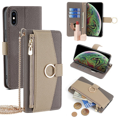 iPhone XS Max Crossbody Phone Case with Litchi Texture Leather, Adjustable Kickstand, Card Slots, Zipper Purse, Makeup Mirror, and TPU Protection