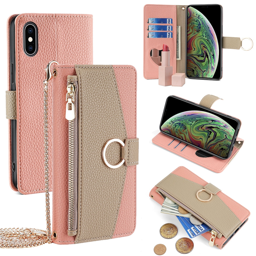 iPhone XS Max Crossbody Phone Case with Litchi Texture Leather, Adjustable Kickstand, Card Slots, Zipper Purse, Makeup Mirror, and TPU Protection
