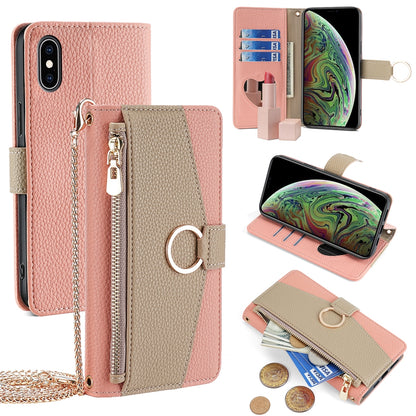 iPhone XS Max Crossbody Phone Case with Litchi Texture Leather, Adjustable Kickstand, Card Slots, Zipper Purse, Makeup Mirror, and TPU Protection