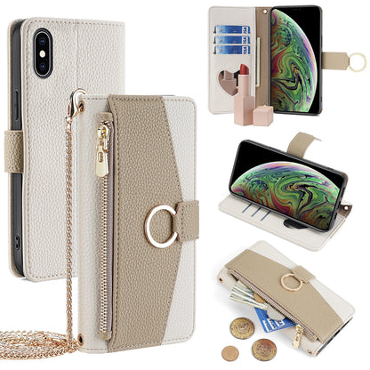iPhone XS Max Crossbody Phone Case with Litchi Texture Leather, Adjustable Kickstand, Card Slots, Zipper Purse, Makeup Mirror, and TPU Protection