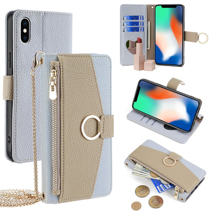 iPhone X/XS Crossbody Phone Case with Litchi Texture Leather, Adjustable Kickstand, Card Slots, Zipper Purse, Makeup Mirror, and TPU Protection