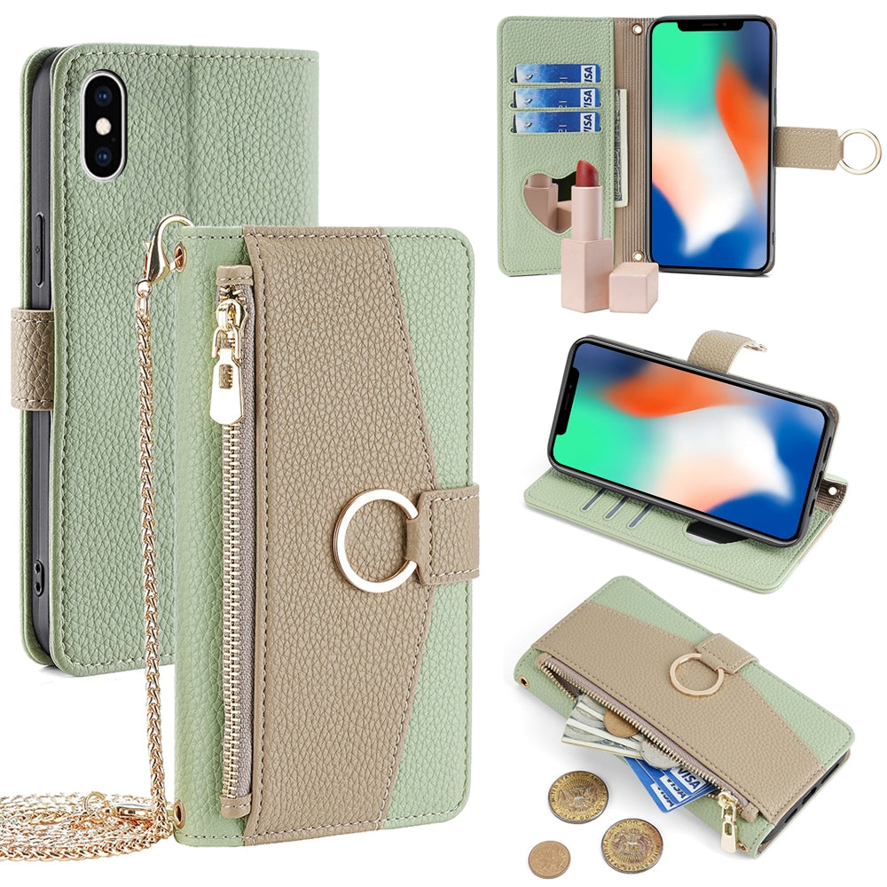 iPhone X/XS Crossbody Phone Case with Litchi Texture Leather, Adjustable Kickstand, Card Slots, Zipper Purse, Makeup Mirror, and TPU Protection
