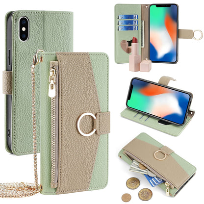 iPhone X/XS Crossbody Phone Case with Litchi Texture Leather, Adjustable Kickstand, Card Slots, Zipper Purse, Makeup Mirror, and TPU Protection