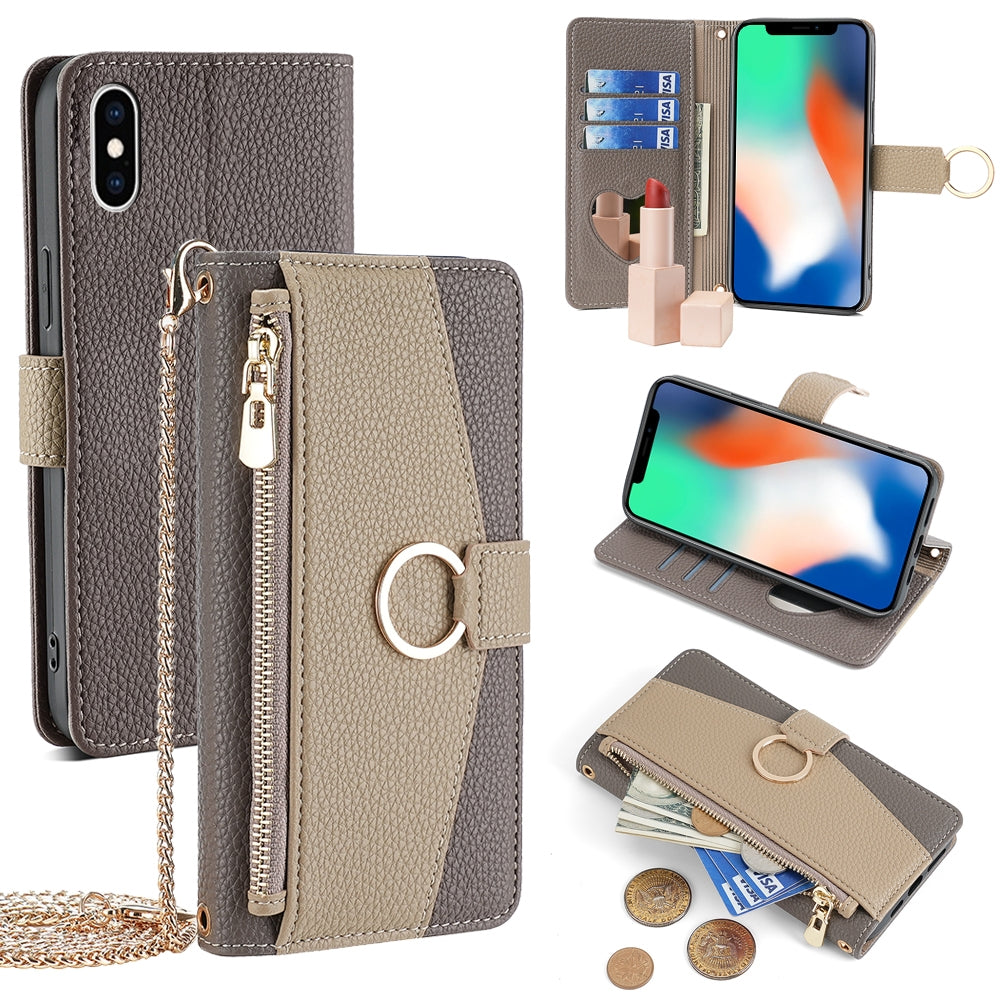 iPhone X/XS Crossbody Phone Case with Litchi Texture Leather, Adjustable Kickstand, Card Slots, Zipper Purse, Makeup Mirror, and TPU Protection