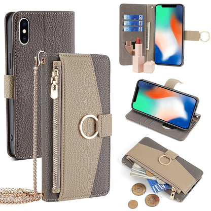 iPhone X/XS Crossbody Phone Case with Litchi Texture Leather, Adjustable Kickstand, Card Slots, Zipper Purse, Makeup Mirror, and TPU Protection
