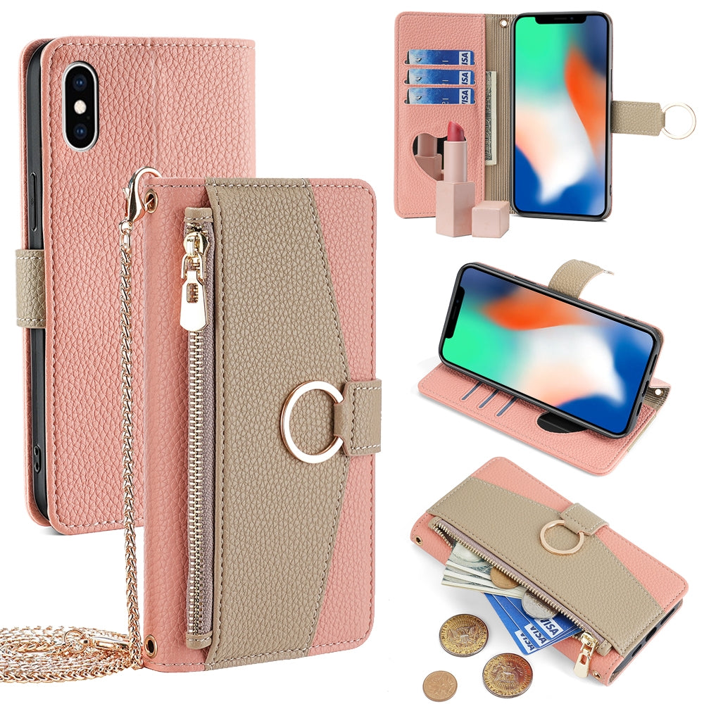 iPhone X/XS Crossbody Phone Case with Litchi Texture Leather, Adjustable Kickstand, Card Slots, Zipper Purse, Makeup Mirror, and TPU Protection