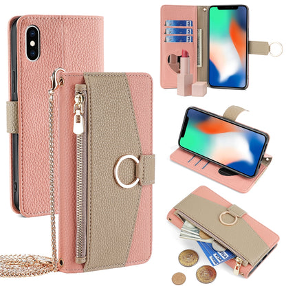 iPhone X/XS Crossbody Phone Case with Litchi Texture Leather, Adjustable Kickstand, Card Slots, Zipper Purse, Makeup Mirror, and TPU Protection