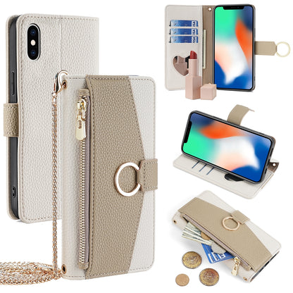 iPhone X/XS Crossbody Phone Case with Litchi Texture Leather, Adjustable Kickstand, Card Slots, Zipper Purse, Makeup Mirror, and TPU Protection