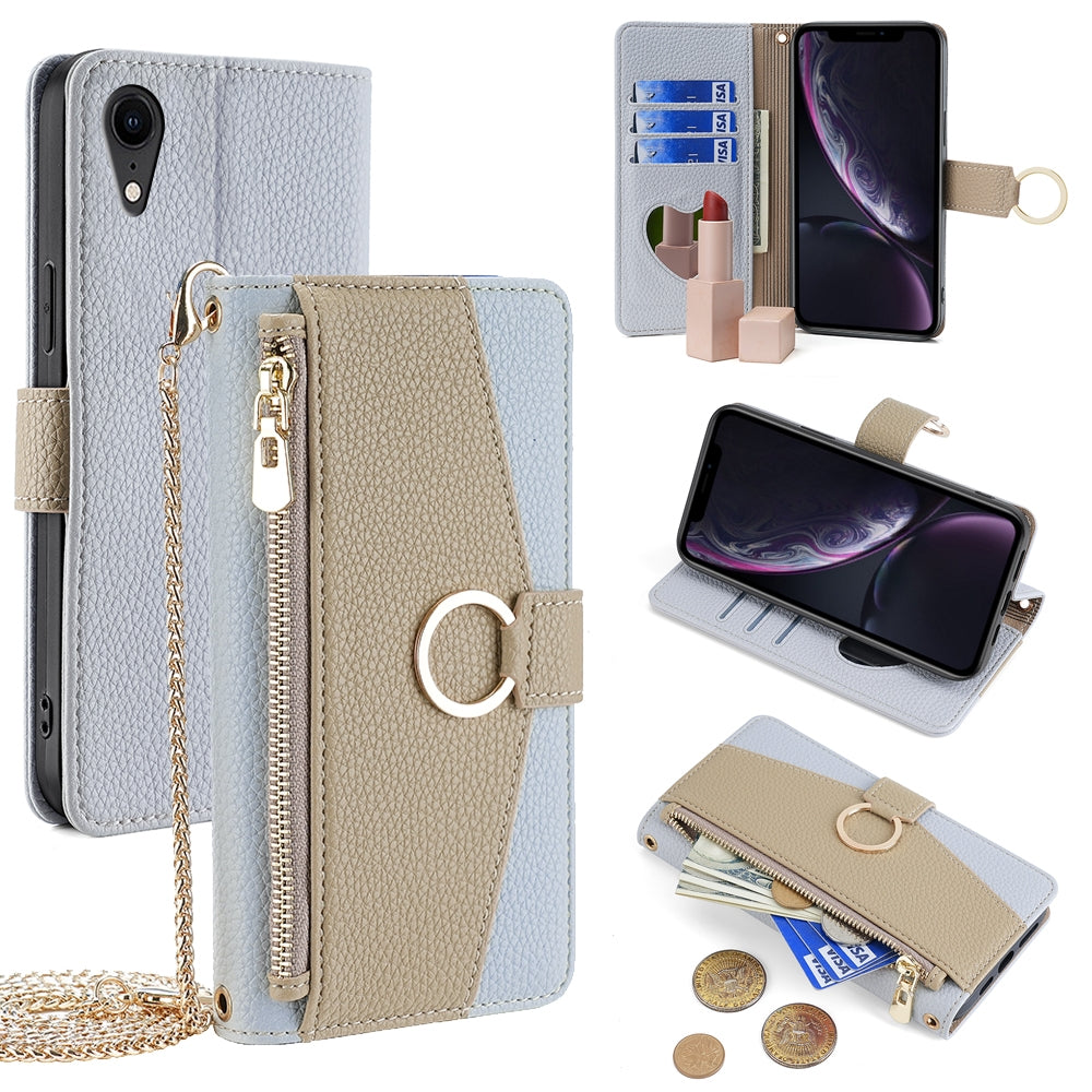 iPhone XR Crossbody Phone Case with Litchi Texture Leather, Adjustable Kickstand, Card Slots, Zipper Purse, Makeup Mirror, and TPU Protection