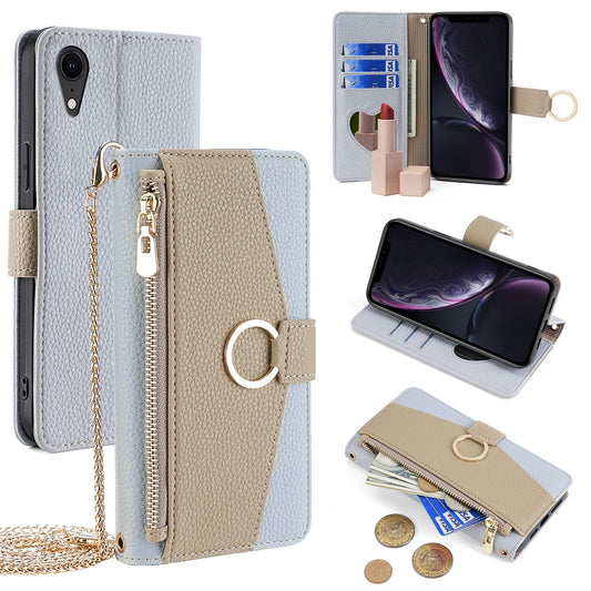 iPhone XR Crossbody Phone Case with Litchi Texture Leather, Adjustable Kickstand, Card Slots, Zipper Purse, Makeup Mirror, and TPU Protection