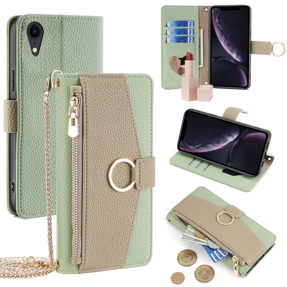 iPhone XR Crossbody Phone Case with Litchi Texture Leather, Adjustable Kickstand, Card Slots, Zipper Purse, Makeup Mirror, and TPU Protection