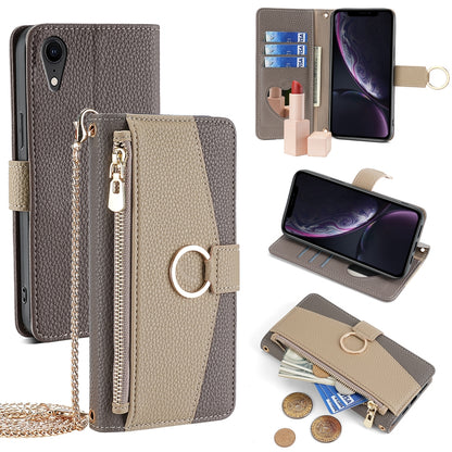 iPhone XR Crossbody Phone Case with Litchi Texture Leather, Adjustable Kickstand, Card Slots, Zipper Purse, Makeup Mirror, and TPU Protection