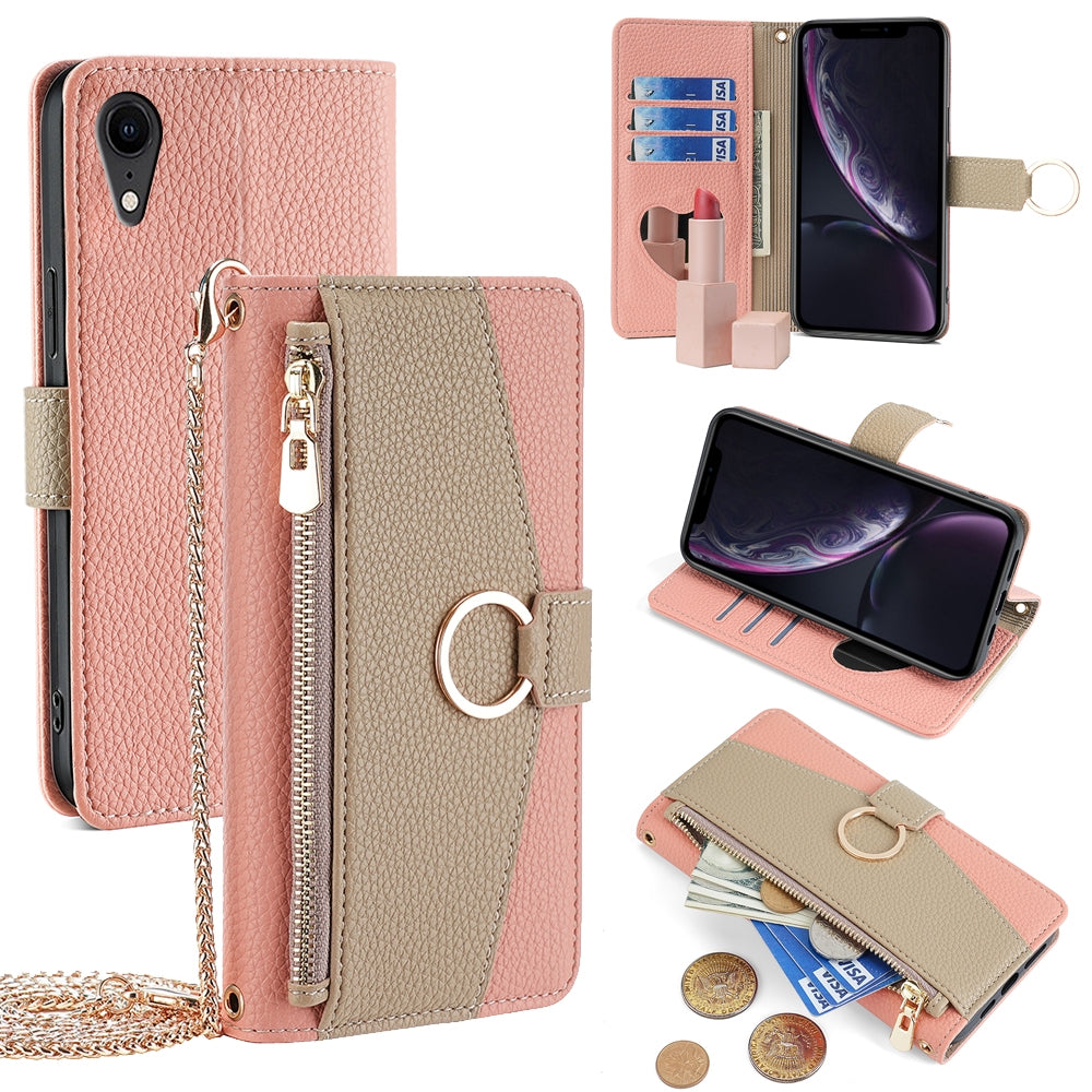 iPhone XR Crossbody Phone Case with Litchi Texture Leather, Adjustable Kickstand, Card Slots, Zipper Purse, Makeup Mirror, and TPU Protection