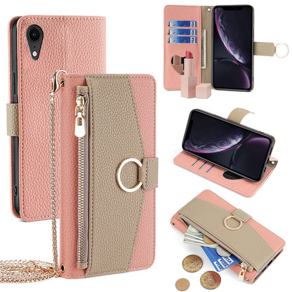 iPhone XR Crossbody Phone Case with Litchi Texture Leather, Adjustable Kickstand, Card Slots, Zipper Purse, Makeup Mirror, and TPU Protection